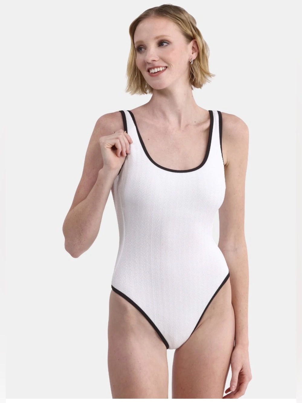 0030: No Boundaries White One-Piece Swimsuit with Black Trim herringbone Pattern